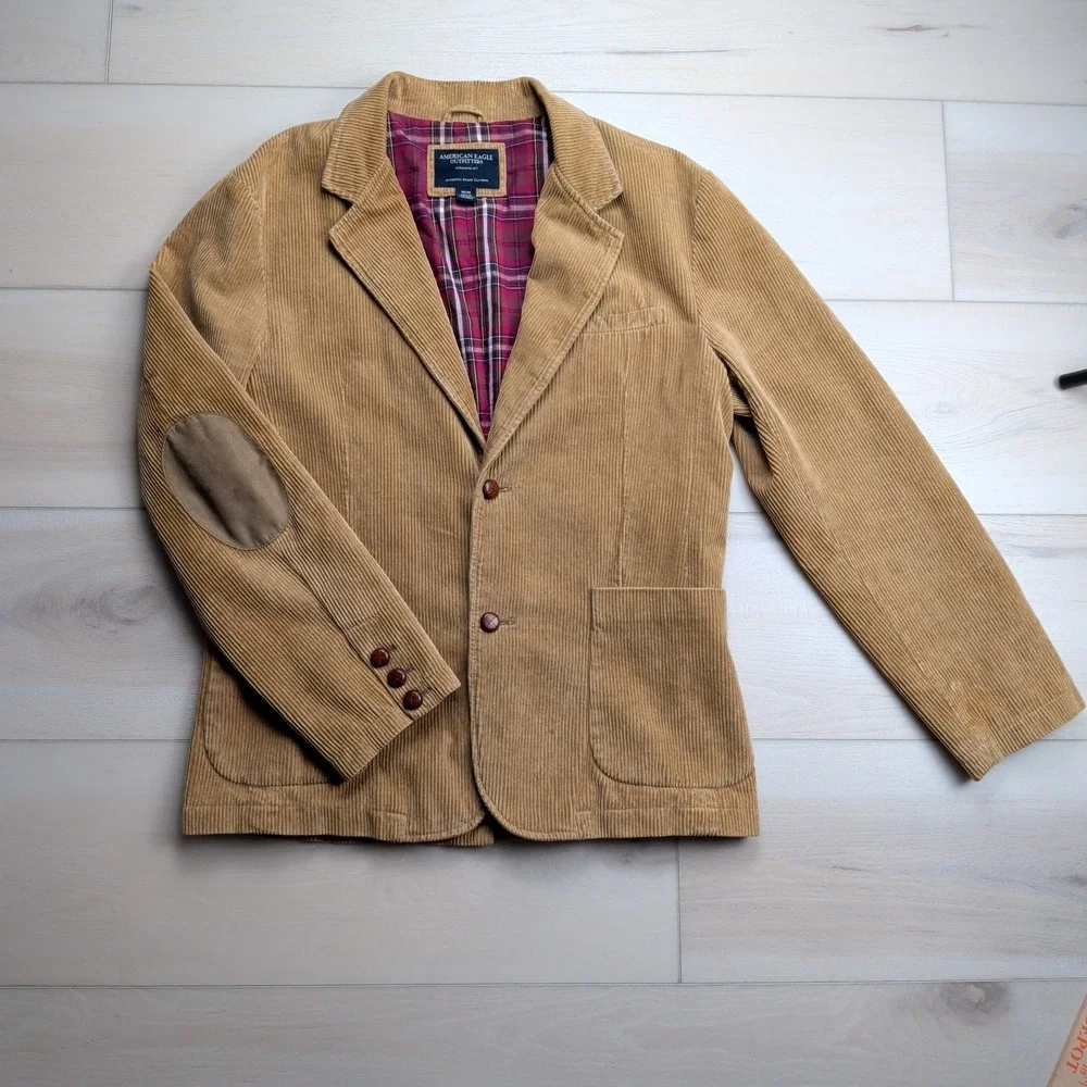 American Eagle Sport Coat‎ Blazer Mens M 44R Brown Corduroy Elbow Patches Plaid